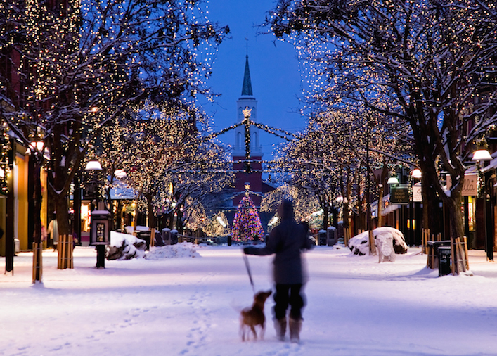 Person walking their dog down the middle of a snowy Church street. The street is lined with trees lit up with Christmas lights.