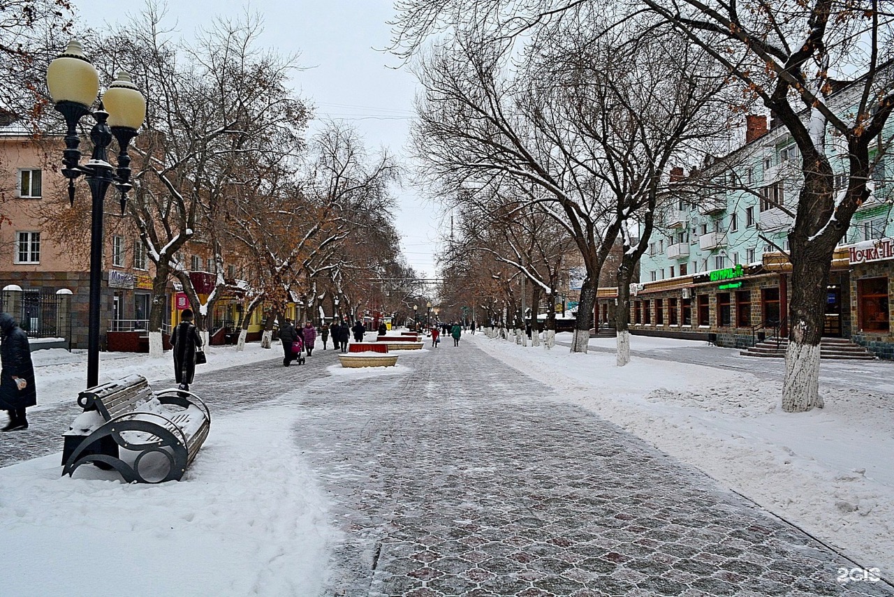 People walking on a wide, wintry, tree lined street in Kazakhstan.